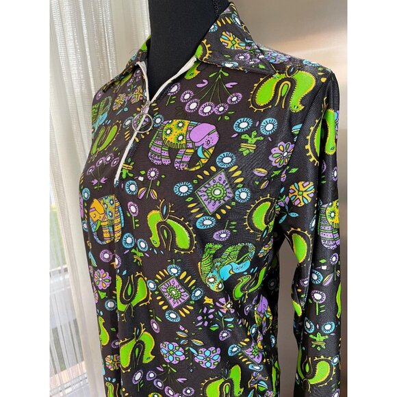 Vintage 70s top, black, neon psychedelic print, elephants, birds, flower power - Picture 2 of 10